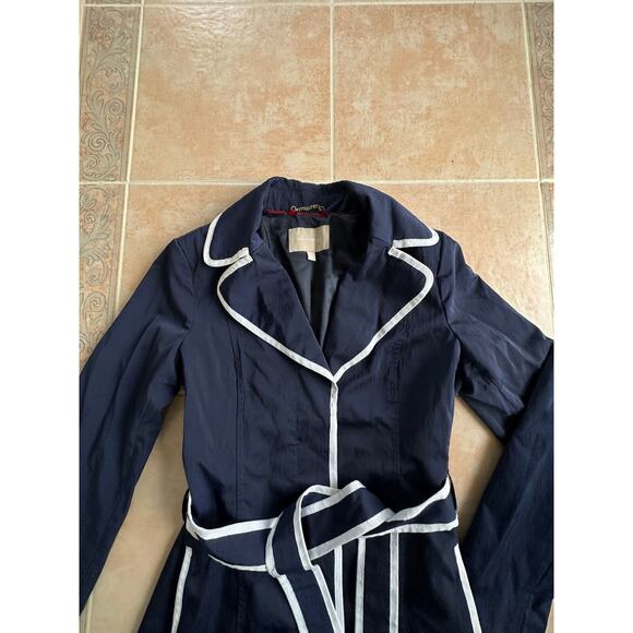 Banana Republic Trench Coat Navy White Ribbon Trim Belted Pocket Women size S - Picture 4 of 13